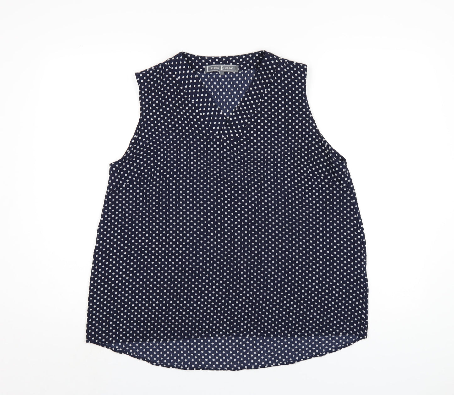 Jessica Graaf Womens Blue Polka Dot Polyester Basic Tank Size L V-Neck
