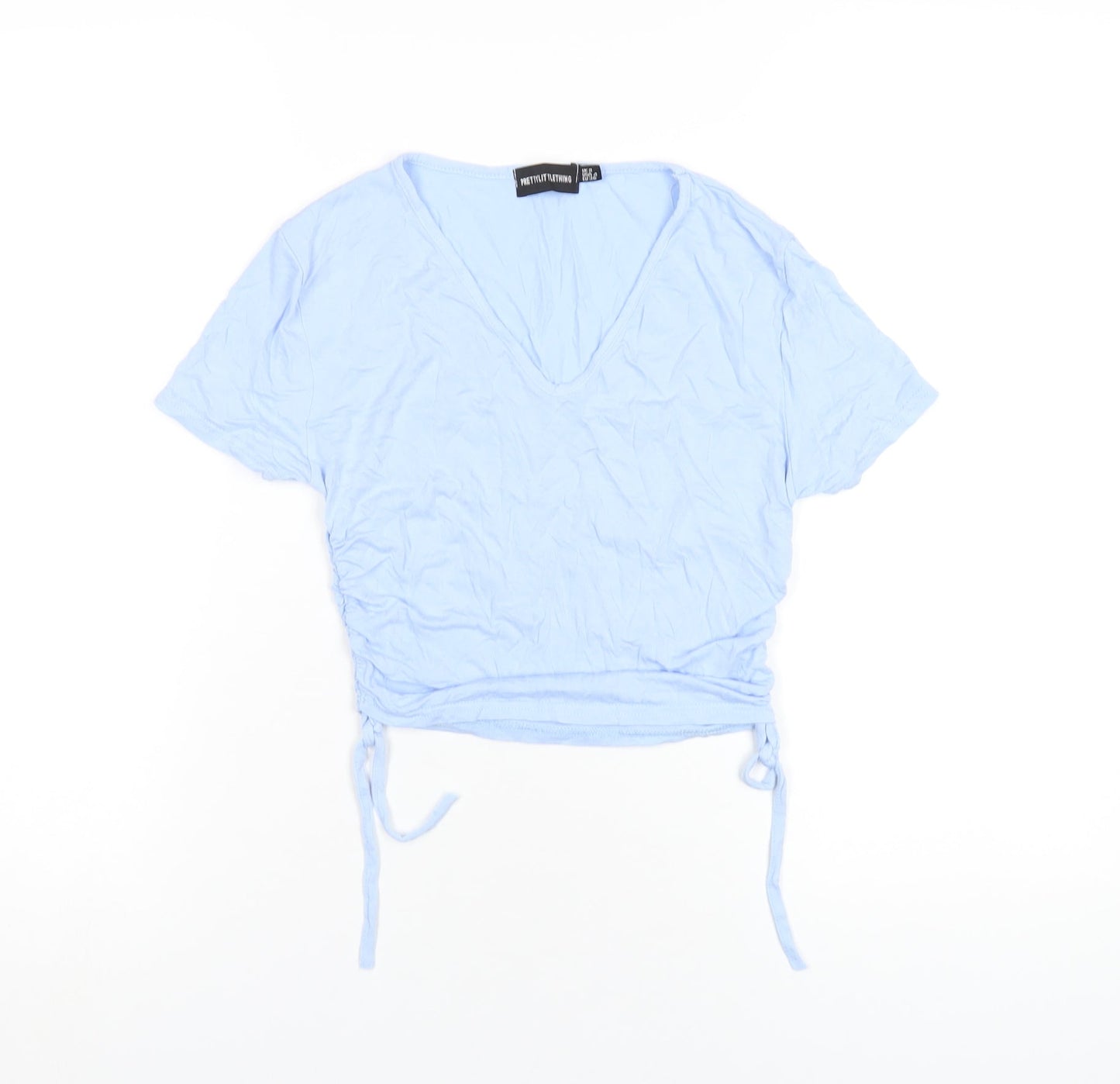 PRETTYLITTLETHING Womens Blue Viscose Cropped T-Shirt Size 8 V-Neck