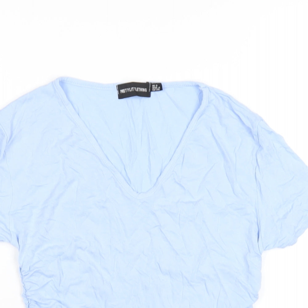 PRETTYLITTLETHING Womens Blue Viscose Cropped T-Shirt Size 8 V-Neck