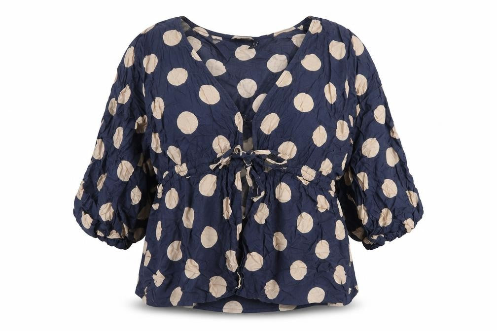 Front view of ASOS women’s blue polka dot cotton basic t-shirt, size UK 16, v-neck