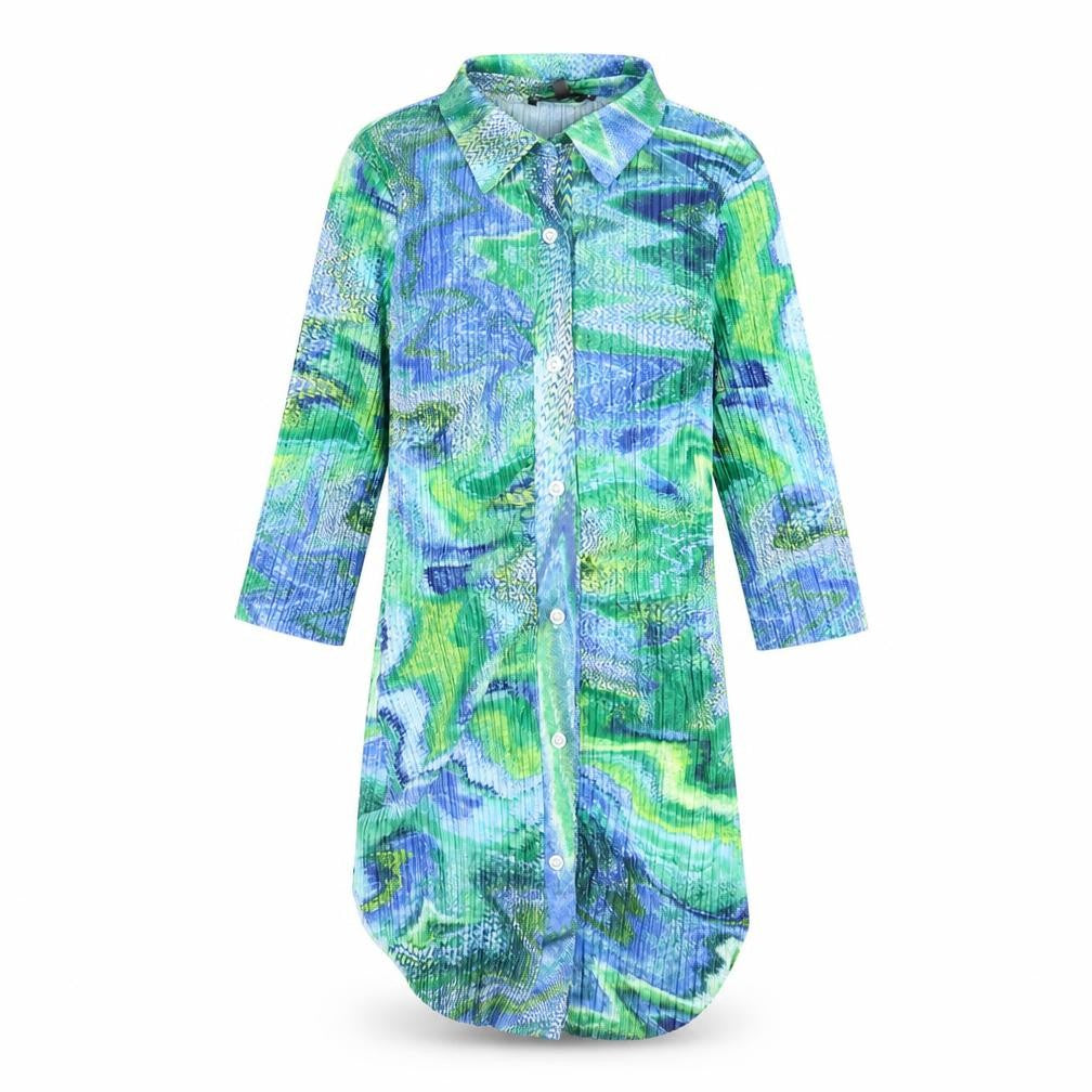 Front view of Missguided women’s multicoloured geometric polyester shirt dress, size UK 6, collared button