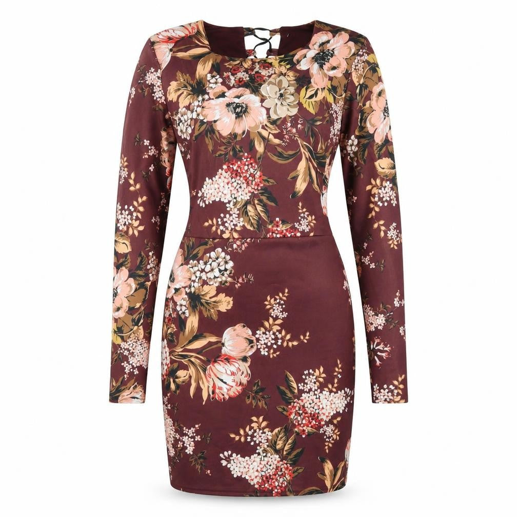 Front view of Missguided women’s brown floral polyester bodycon, size UK 12, round neck pullover