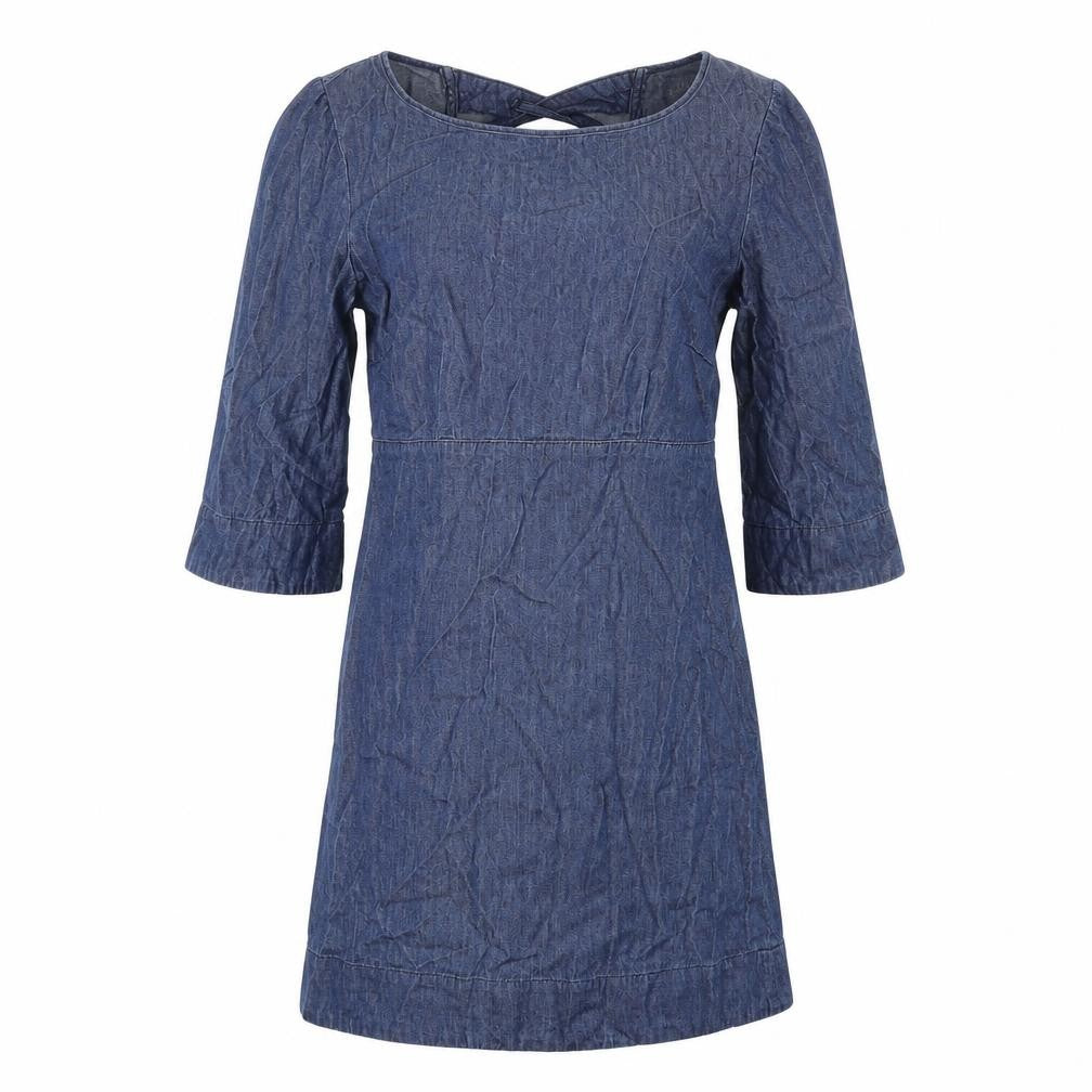 Front view of Cooperative women’s blue 100% cotton a-line, size XS, boat neck zip