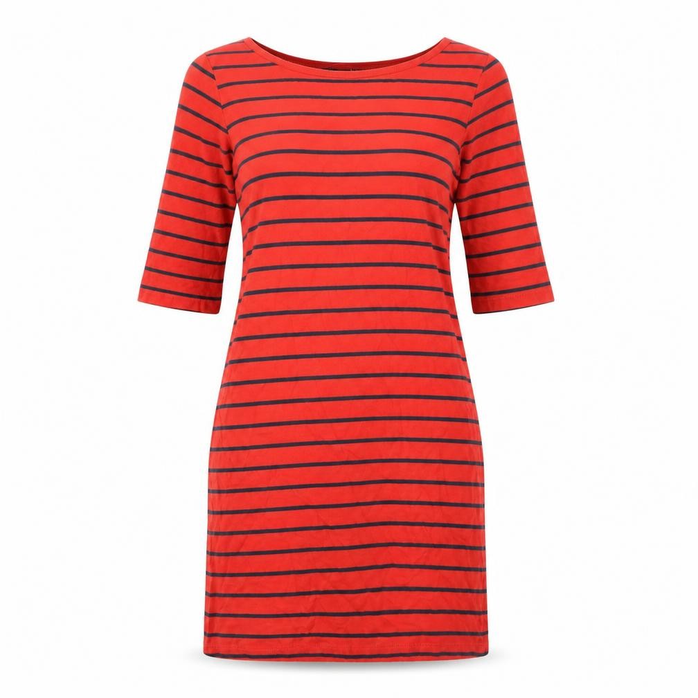 Front view of French Connection women’s red striped 100% cotton t-shirt dress, size UK 8, boat neck