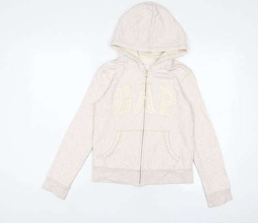 Gap Girls Beige Cotton Full Zip Hoodie Size 12 Years Zip - Logo, Embroidered