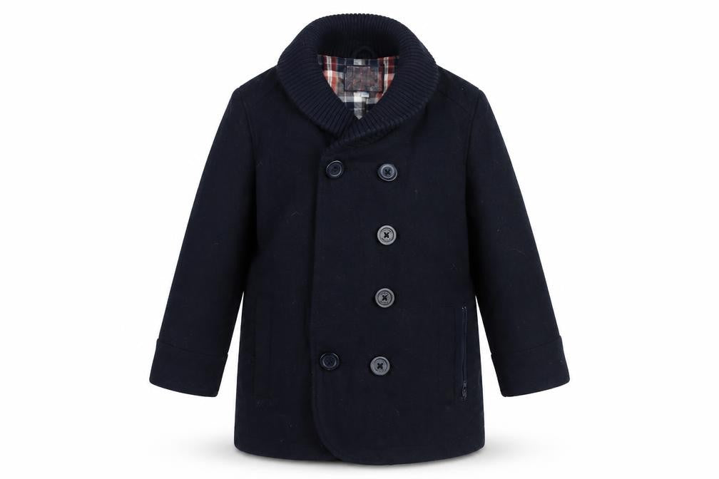 Front view of J Jeans boys’ blue pea coat coat, size 5, years button