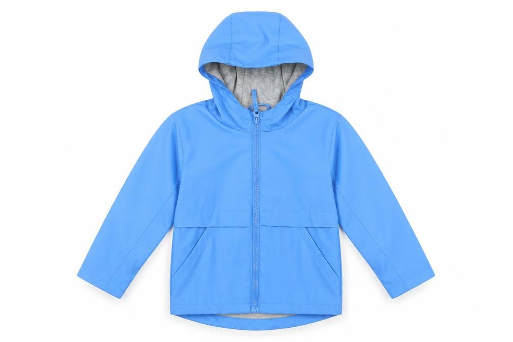 Front view of Urban Rascals boys’ blue rain coat coat, size 3-4, years zip - hooded water resistant
