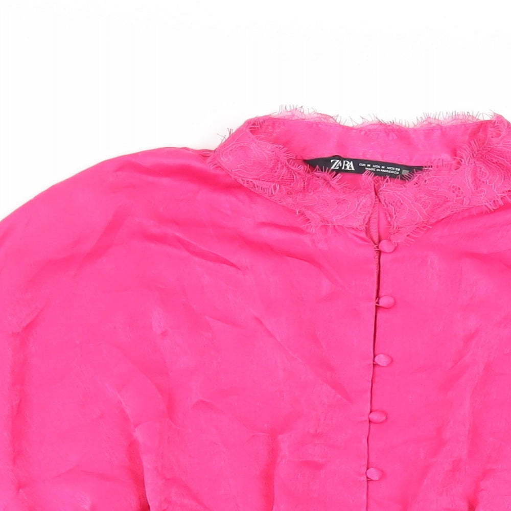 Zara Womens Pink Polyester Basic Button-Up Size M Mock Neck - Lace Detail
