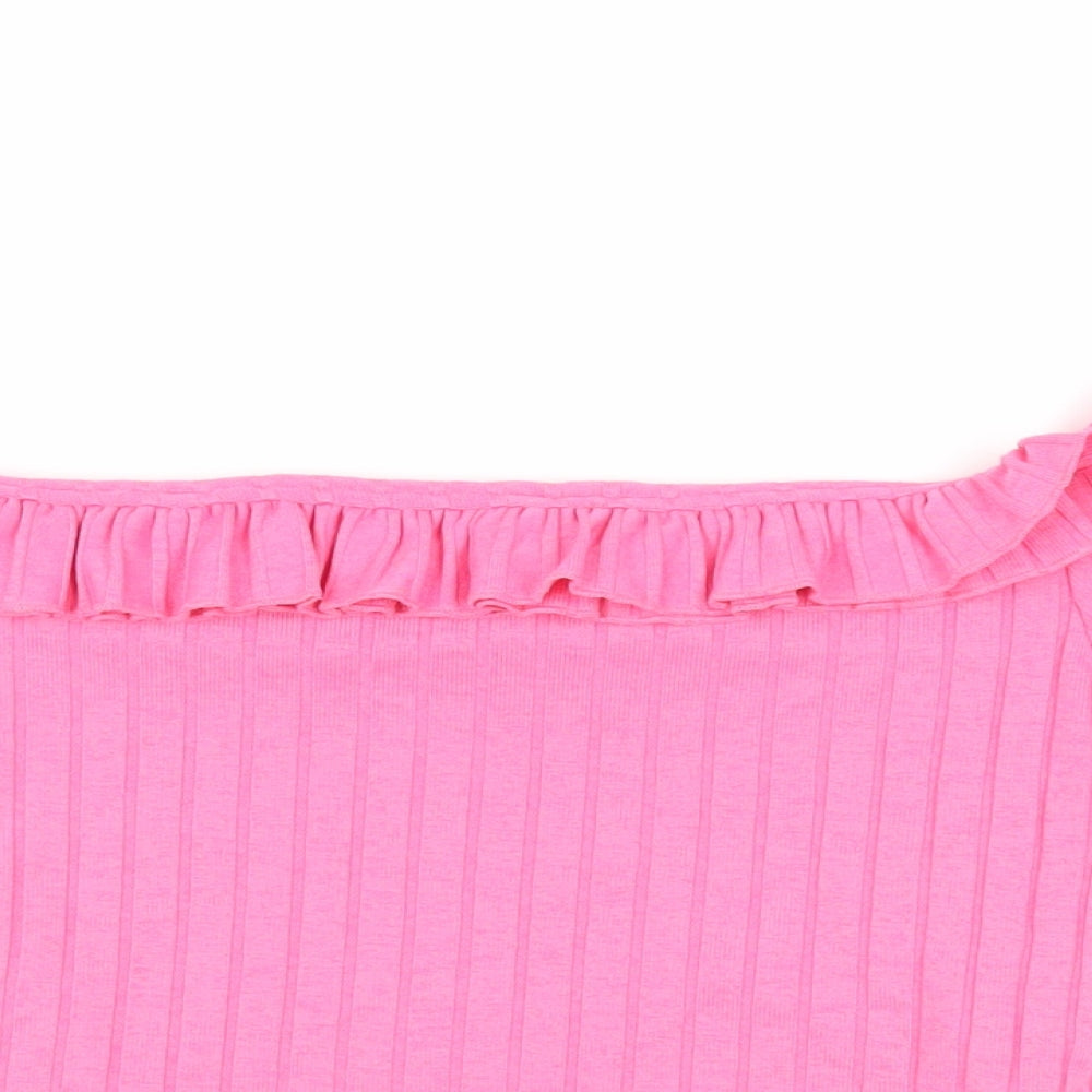 Zara Womens Pink Polyester Basic T-Shirt Size S Off the Shoulder - Ruffle