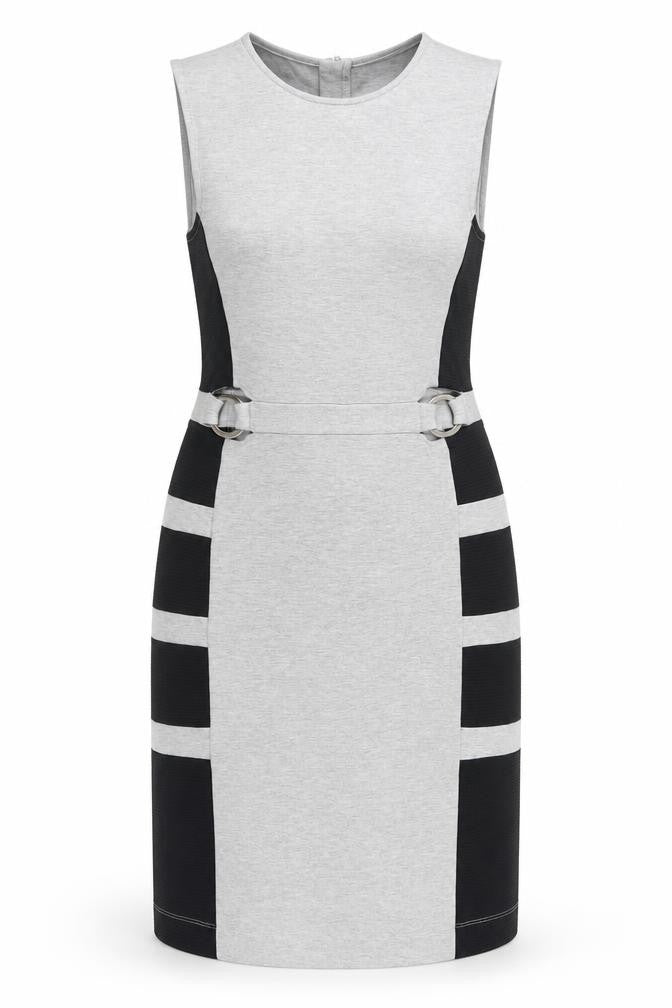 Front view of French Connection women’s grey viscose pencil dress, size UK 12, round neck zip