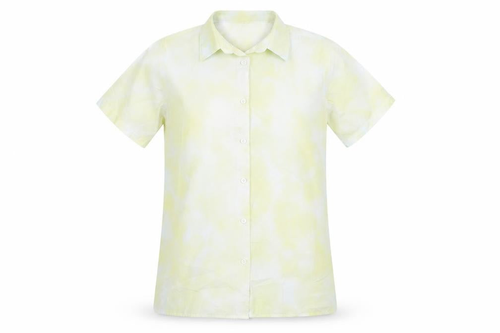 Front view of Marks & Spencer girls’ yellow cotton basic button-up, size 13-14, years collared button - tie dye