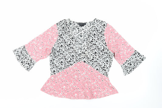 Wednesday's Girl Womens Pink Floral Polyester Basic Blouse Size M V-Neck