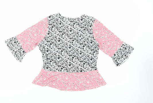 Wednesday's Girl Womens Pink Floral Polyester Basic Blouse Size M V-Neck