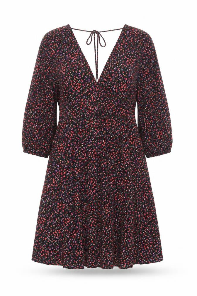 H&M Womens Black Floral Viscose Trapeze & Swing Size M V-Neck Tie