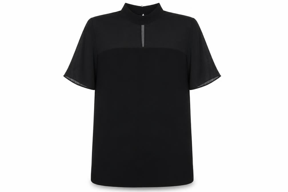 Front view of ASOS women’s black houndstooth polyester shift, size UK 20, round neck button