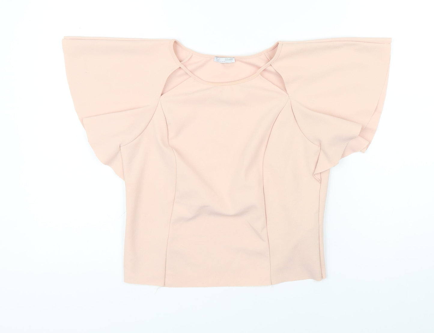 Zara Womens Pink Herringbone Polyester Blend Cropped Blouse Size M Round Neck