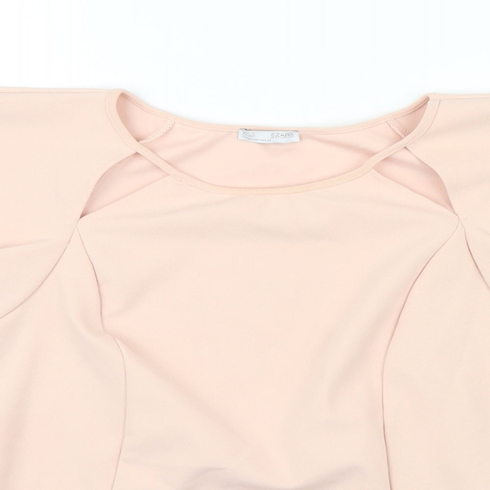 Zara Womens Pink Herringbone Polyester Blend Cropped Blouse Size M Round Neck