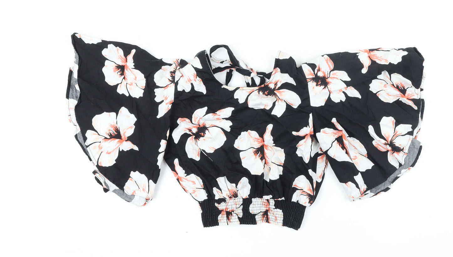 River Island Womens Black Floral 100% Cotton Cropped Blouse Size 8 Scoop Neck
