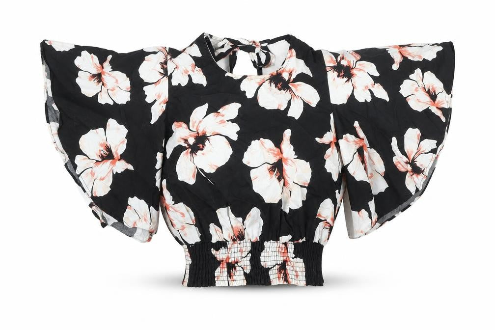River Island Womens Black Floral 100% Cotton Cropped Blouse Size 8 Scoop Neck