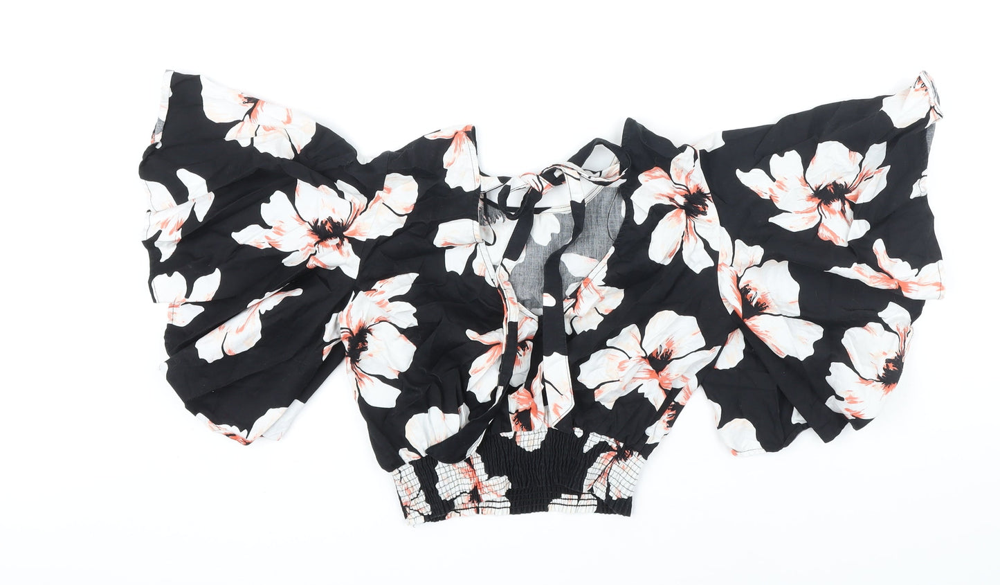 River Island Womens Black Floral 100% Cotton Cropped Blouse Size 8 Scoop Neck