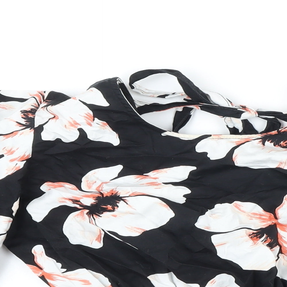 River Island Womens Black Floral 100% Cotton Cropped Blouse Size 8 Scoop Neck