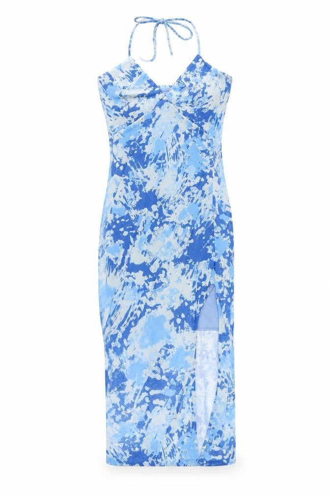 Front view of Fashion Nova women’s blue geometric polyester pencil dress, size XS, halter