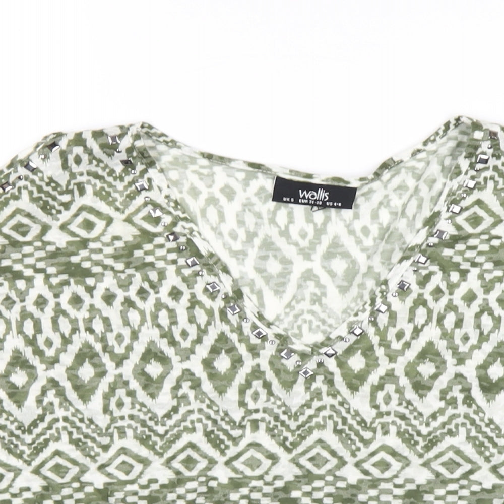 Wallis Womens Green Geometric Polyester Basic T-Shirt Size S V-Neck