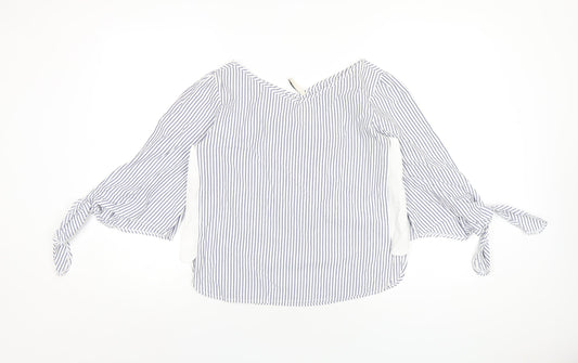 Stradivarius Womens Blue Striped Cotton Basic T-Shirt Size S V-Neck