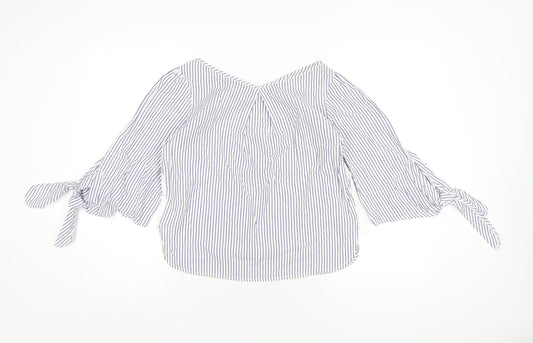 Stradivarius Womens Blue Striped Cotton Basic T-Shirt Size S V-Neck