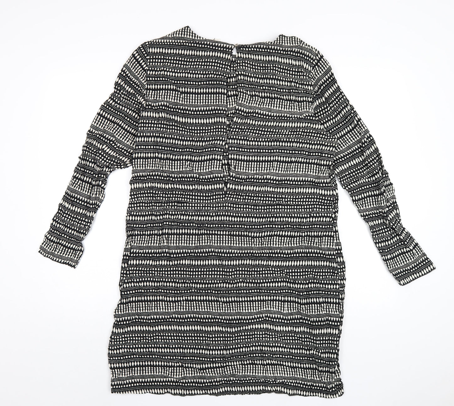 H&M Womens Black Geometric Viscose A-Line Size 14 Round Neck Button