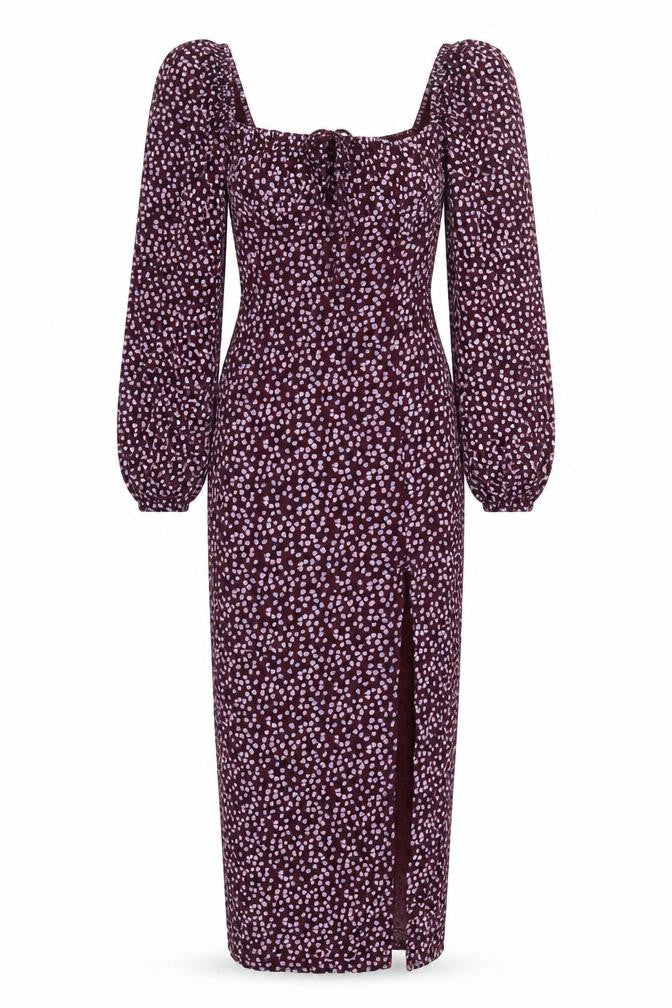 Front view of Missguided women’s purple floral viscose bodycon, size UK 4, square neck pullover