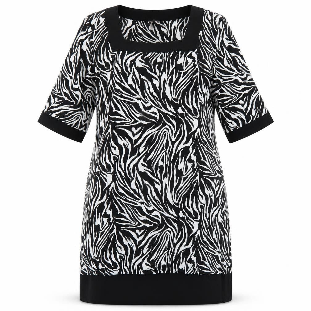 Tiana B Womens Black Animal Print Polyester A-Line Size L Square Neck Pullover - Zebra Print
