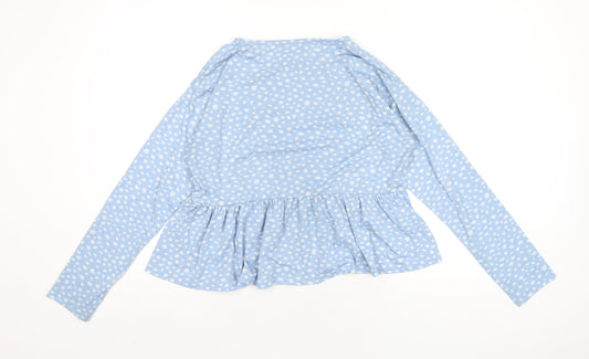 Wednesday's Girl Womens Blue Polka Dot Polyester Basic T-Shirt Size L Round Neck