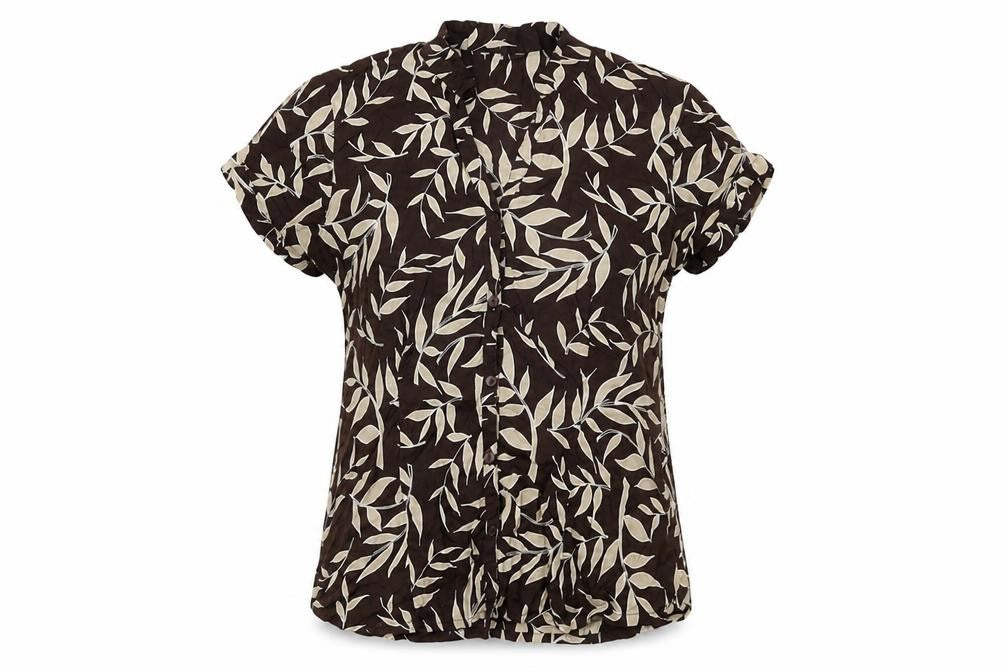 Front view of E-vie women’s brown geometric cotton basic button-up, size UK 10, v-neck - leaf print