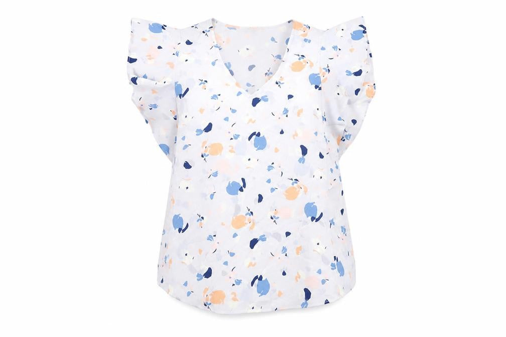 Marks & Spencer Womens Blue Geometric Polyester Basic Blouse Size 16 V-Neck - Frill Detail