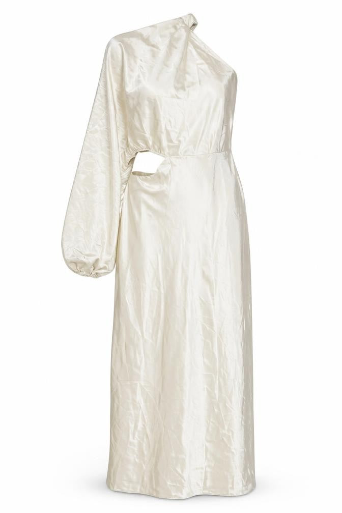 Front view of In the Style women’s beige polyester maxi, size UK 14, one shoulder zip