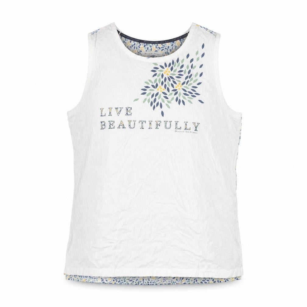 Maison de Nimes Womens White Geometric Cotton Basic T-Shirt Size 14 Round Neck - Live Faithfully, Leaf Print