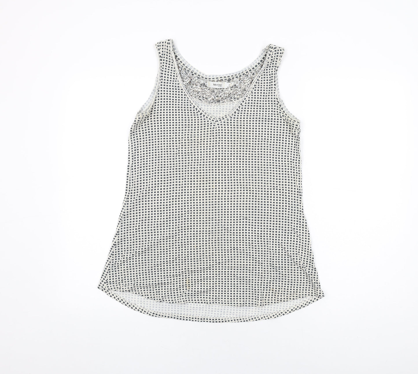 Myrine Womens White Geometric Viscose Basic Tank Size S V-Neck