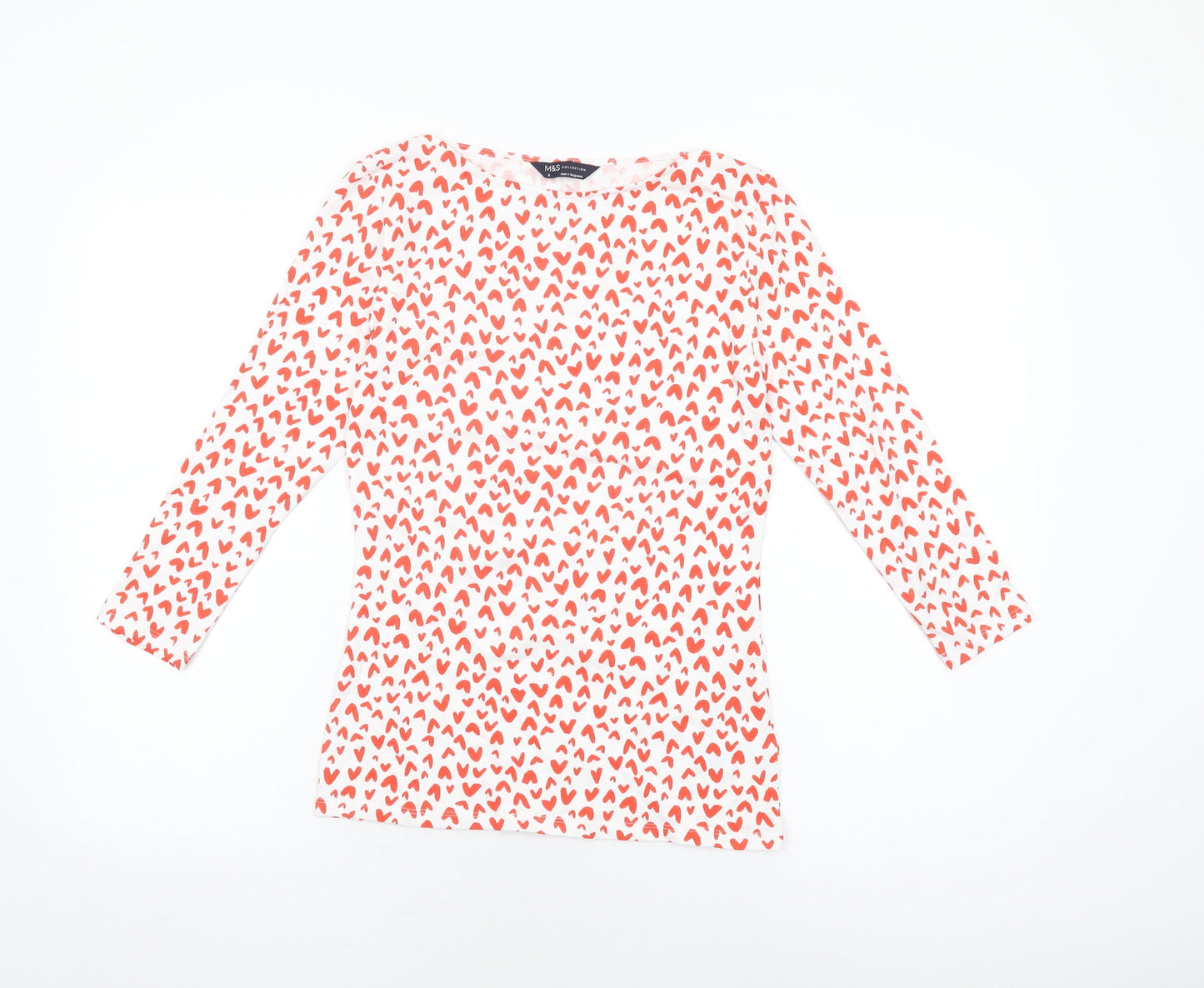 Marks and Spencer Womens White Geometric Cotton Basic T-Shirt Size 8 Boat Neck - Heart Print
