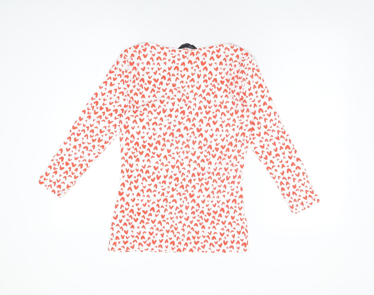 Marks and Spencer Womens White Geometric Cotton Basic T-Shirt Size 8 Boat Neck - Heart Print