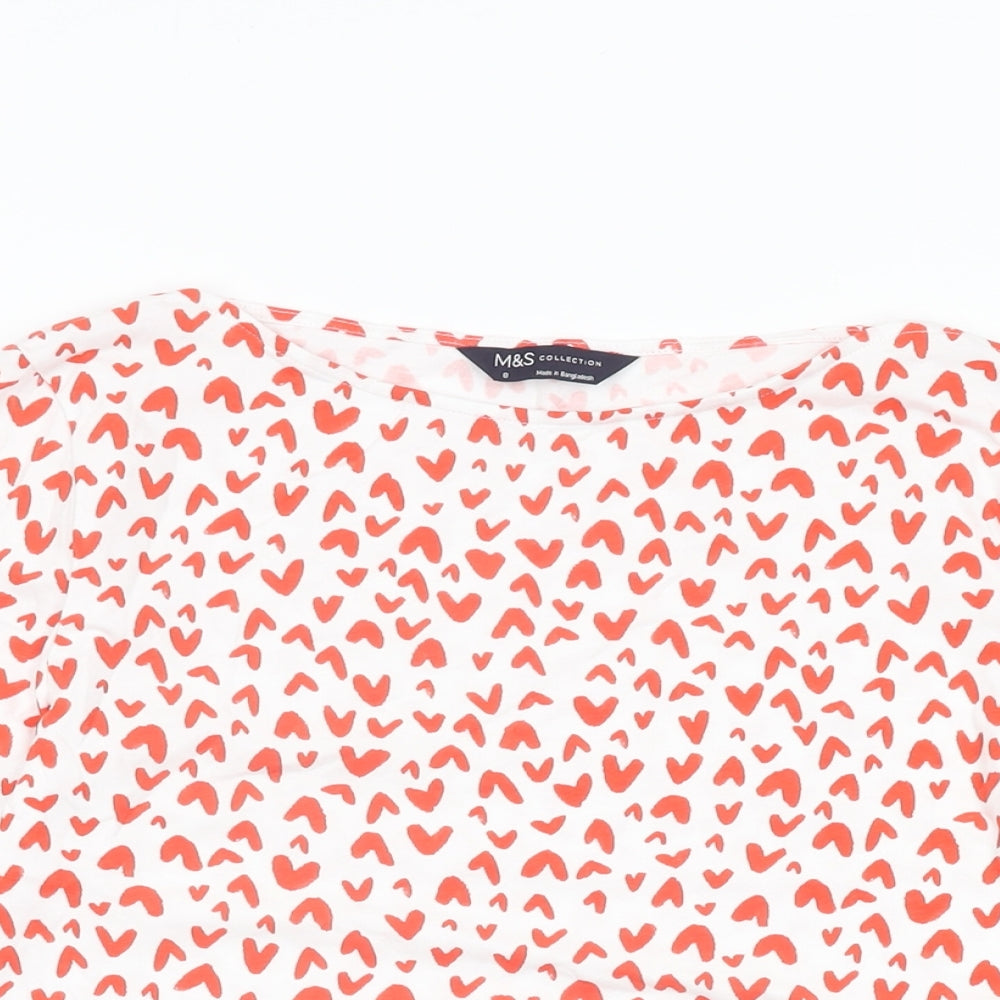Marks and Spencer Womens White Geometric Cotton Basic T-Shirt Size 8 Boat Neck - Heart Print
