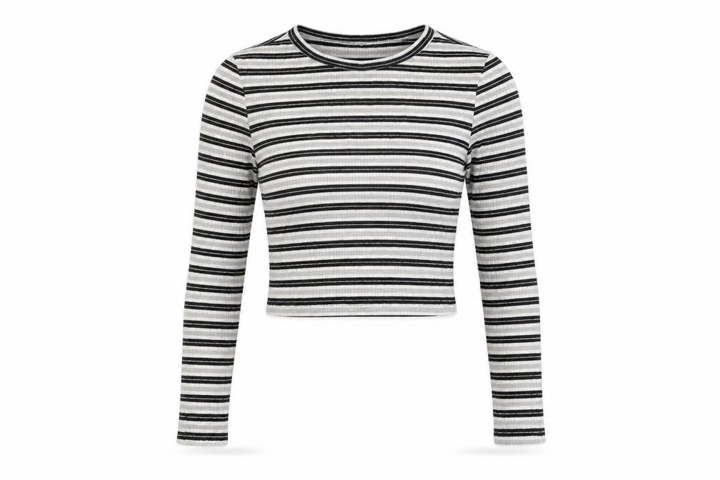 H&M Womens Grey Striped Cotton Cropped T-Shirt Size S Round Neck