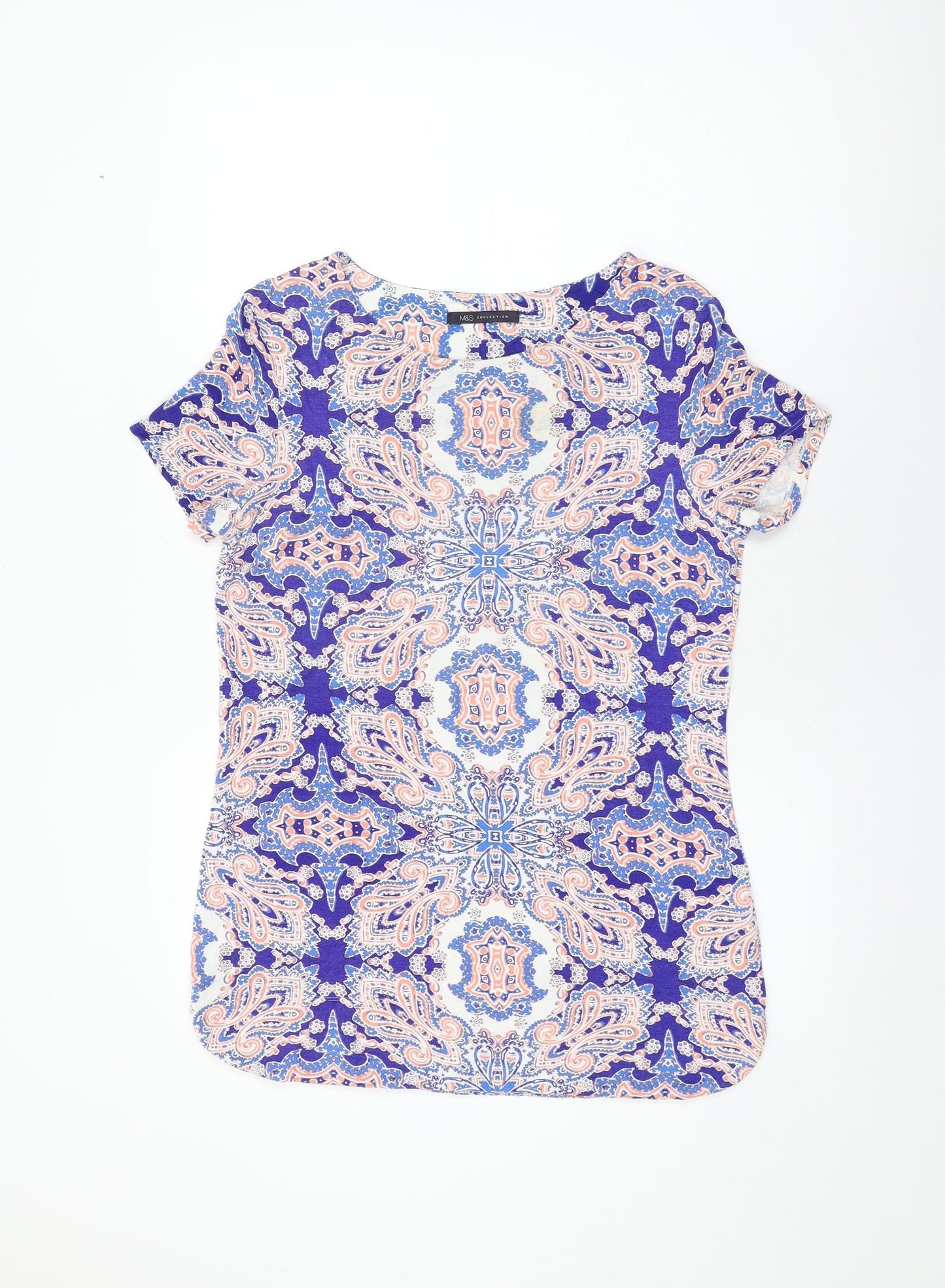 Marks and Spencer Womens Blue Geometric Viscose Basic T-Shirt Size 12 Round Neck