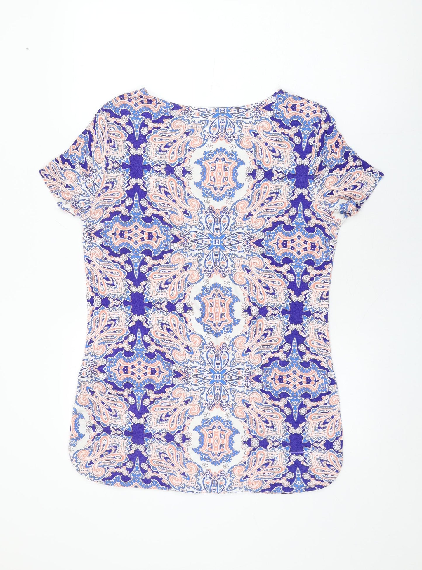 Marks and Spencer Womens Blue Geometric Viscose Basic T-Shirt Size 12 Round Neck