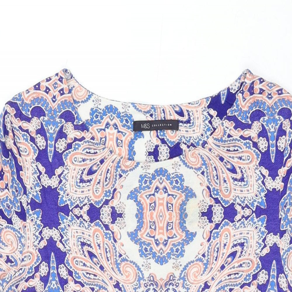 Marks and Spencer Womens Blue Geometric Viscose Basic T-Shirt Size 12 Round Neck