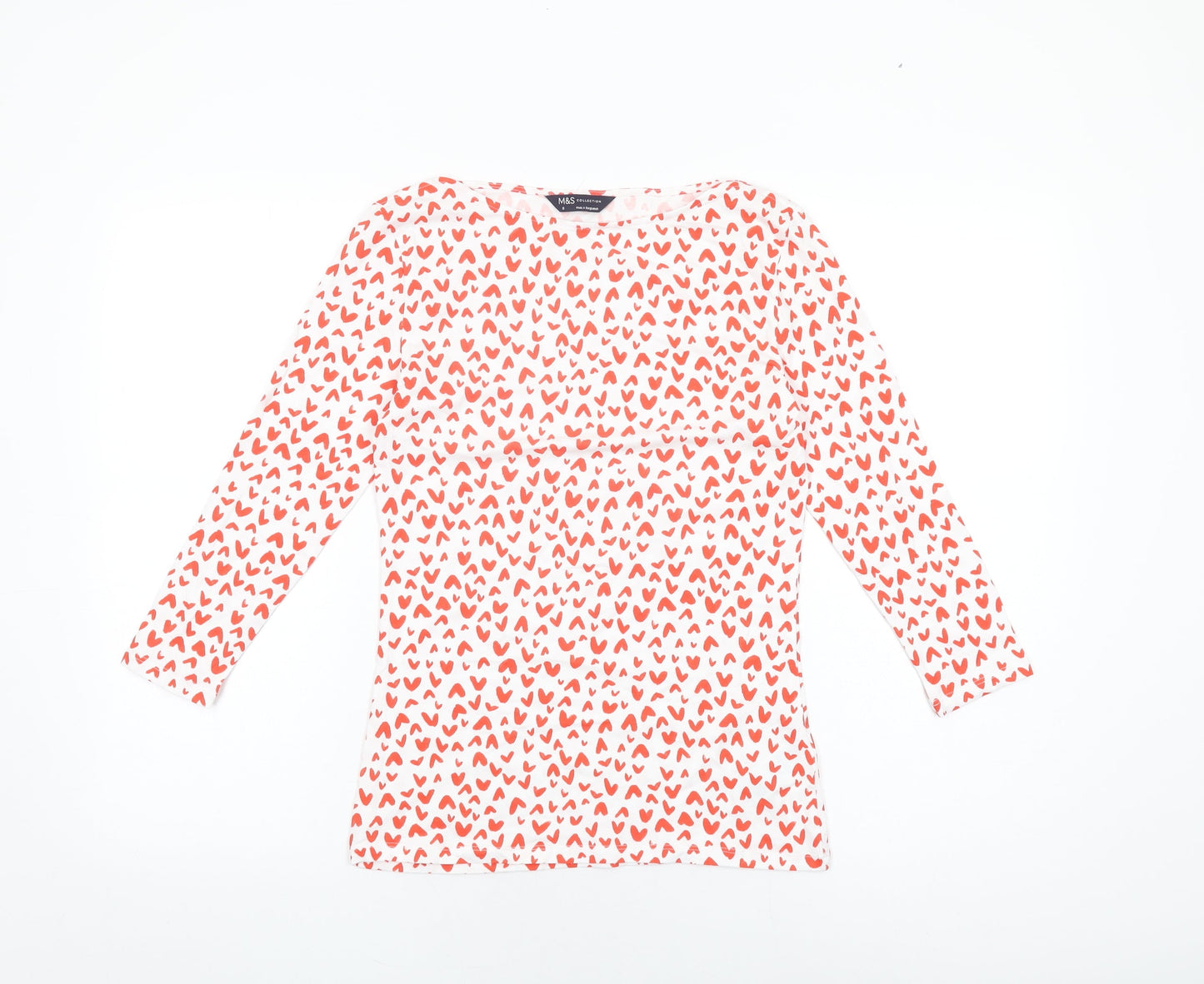 Marks and Spencer Womens White Geometric Cotton Basic T-Shirt Size 8 Boat Neck - Heart Print
