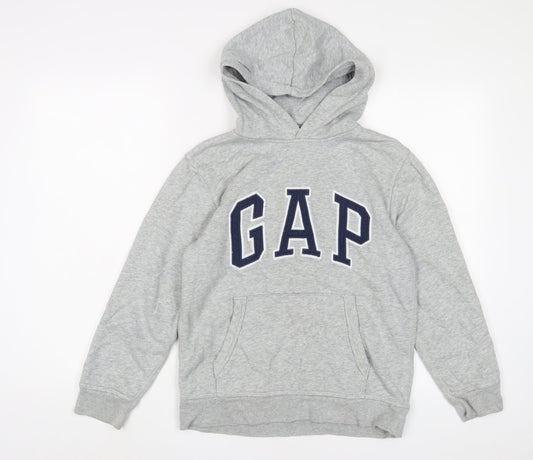 Gap Boys Grey Cotton Pullover Hoodie Size 12 Years Pullover - Logo, Embroidered