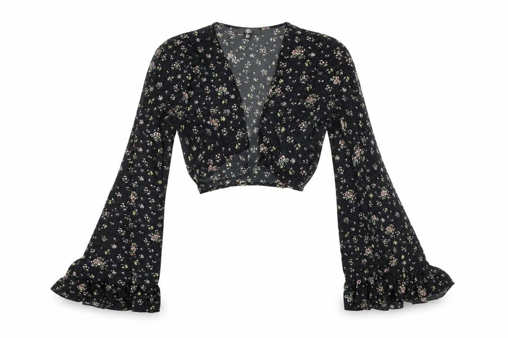 Missguided Womens Black Floral Polyester Cropped Blouse Size 8 V-Neck