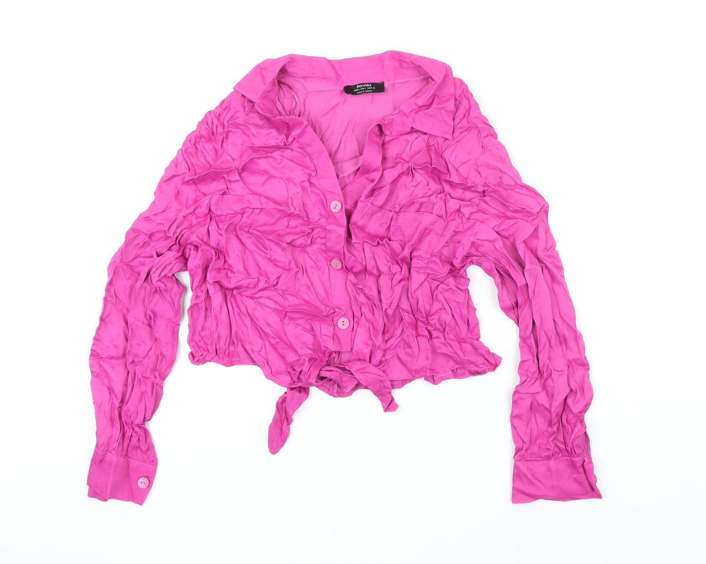 Berksha Womens Pink Viscose Cropped Blouse Size L Collared
