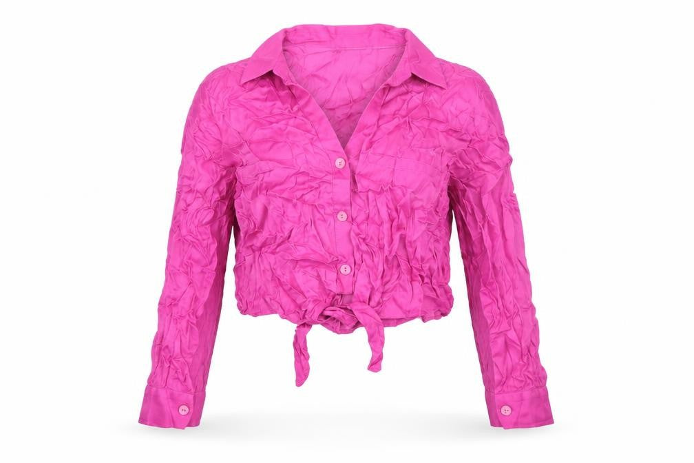 Front view of Berksha women’s pink viscose cropped blouse, size L, collared